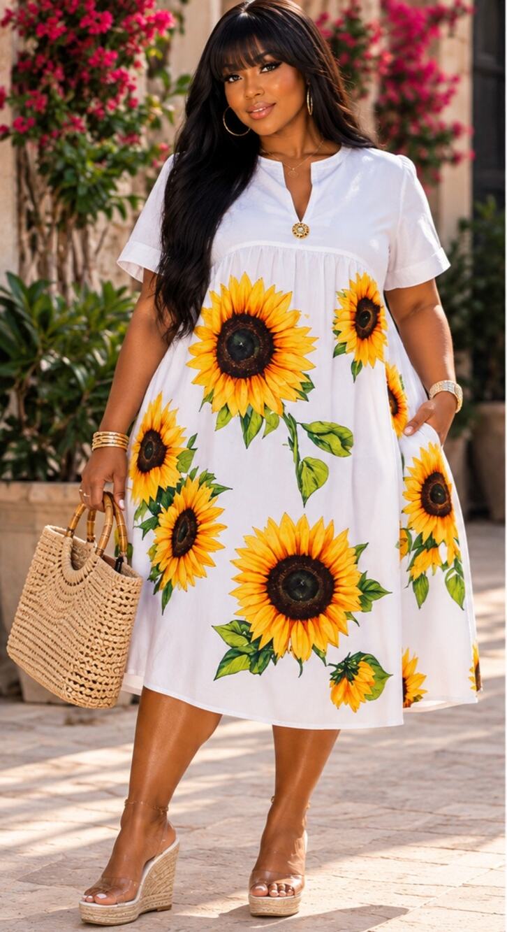 #2-6 MSRP $45 NWT OSHOPLIVE SUNFLOWER SHORT SLEEVE NOTCH NECK MIDI ♡SIZE XL♡